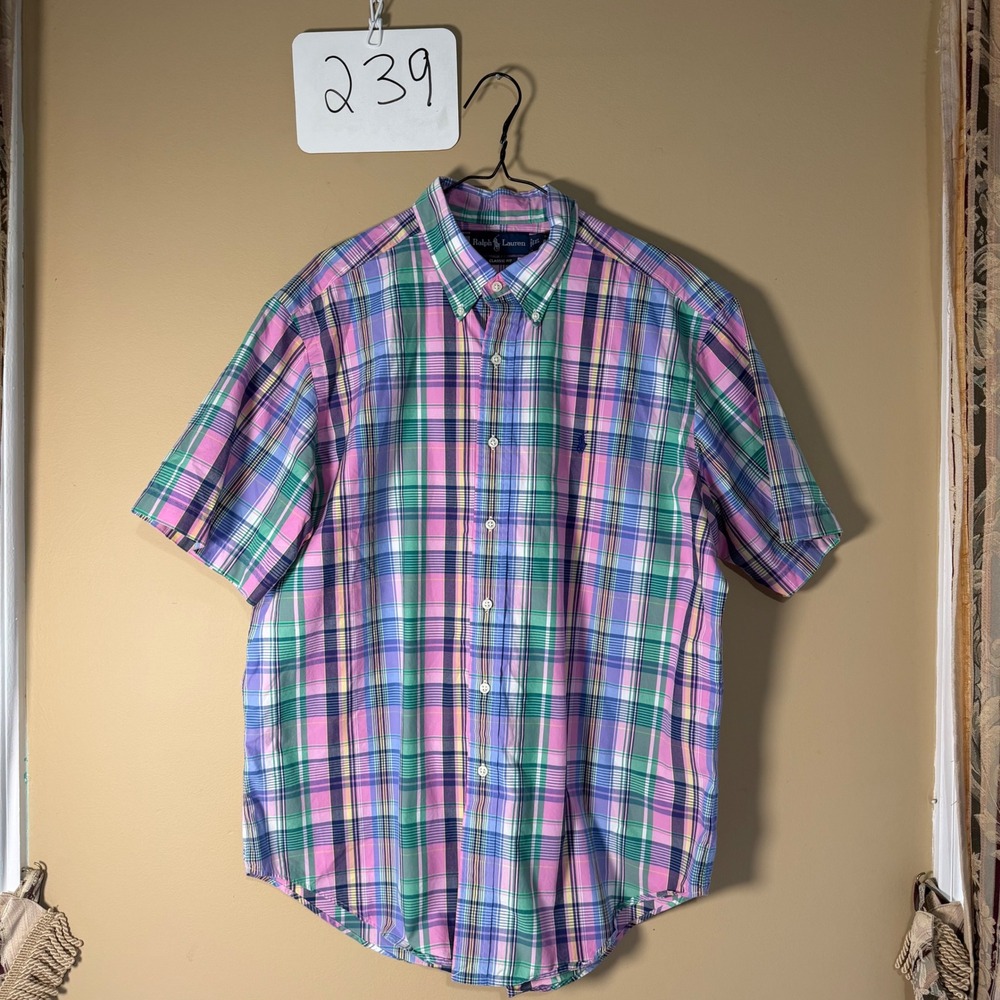 Ralph Lauren Classic Fit Plaid Shirt Mens XL Short Sleeve Pink Green Multi Color
